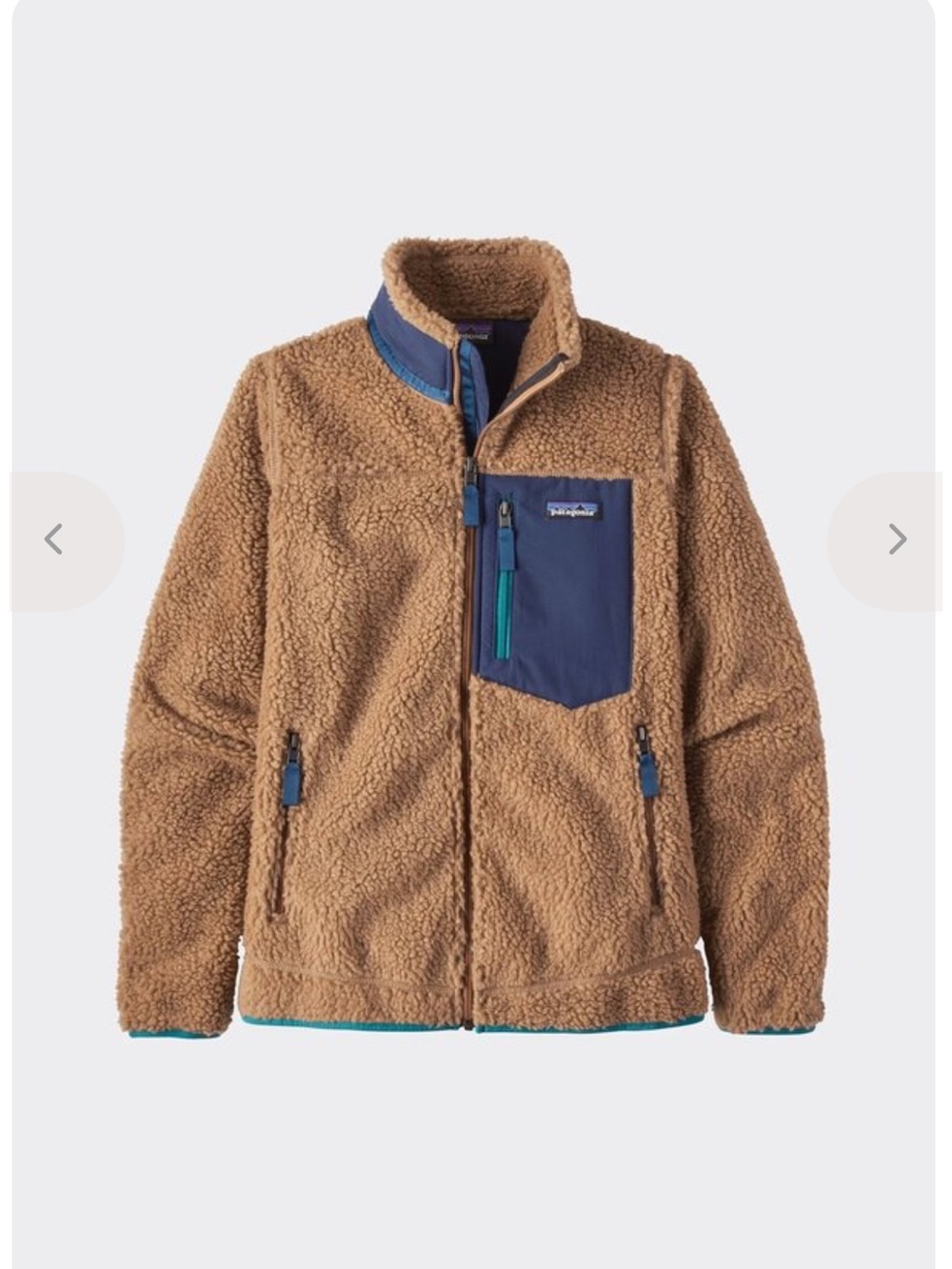 Patagonia Brown Sherpa Fleece Jacket with Navy Chest Pocket and Teal Accents